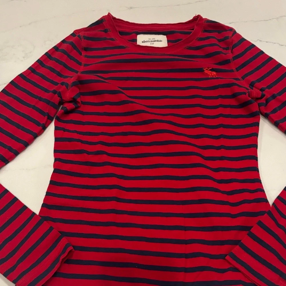 Abercrombie Kids Navy and Red Striped Long Sleeve Tee